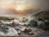 Close-up views capturing detail of ocean waves' foam, coastal rocks, and flying seagulls, highlighting brushwork and color variations.