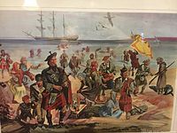 Close photo of lithograph print depicting Scottish settlers arriving, showing detailed characters and ship in background.