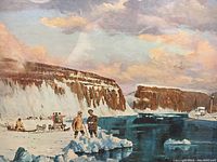 Close-up of the lithograph showing the snowy landscape, figures, and ship with ice floating on water.