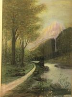 Framed vintage pastel painting showing a landscape with trees, a winding path, a river and distant mountains in soft pastel colors.
