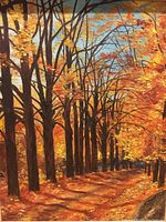 Close-up image of the autumn forest scene oil painting, showing vivid fall colors on trees and leaf-covered path.