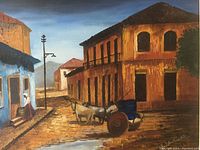 Close-up of the painting showing the colors, street scene, oxen with cart, and signature at bottom right corner.