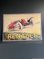 Full view of the Renault car print on cardboard showing the colorful vintage car image and branding.