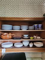 Wooden shelf with multiple ceramic plates, bowls, and wooden salad bowls organized on three shelves, showing the overall lot contents.