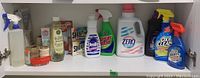 Shelf with multiple bottles of laundry and cleaning supplies including Zero Woolite detergent, OxiClean spray bottles, Shout stain remover, and various unlabeled spray bottles.