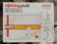 Box front showing Rotring Profil portable drawing board with a stop + go ruler, angle protractor, and accessory illustration.
