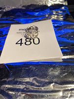 Photo of the 925 sterling silver ring placed on a lot number card against a metallic blue background