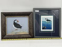 Frontal photo of two framed limited edition puffin prints side by side; one puffin standing on a rock and second puffin underwater with fish