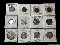 Photo of 12 carded assorted U.S. coins laid out in three rows. Coins include dated Indian Cent, Lincoln Pennies, Buffalo Nickel, various quarters including Bicentennial and commemorative issues.