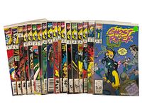 Front view of 18 individual Ghost Rider comic books arranged side by side with visible front covers showing colorful artwork and issue numbers.