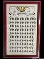 Full frontal view of the framed commemorative quarter collection showing the entire 1999-2008 series with all 50 states and two quarters per state (Philadelphia and Denver mint marks).