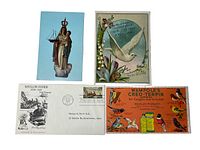 Group photo of 5 antique Gloucester, MA ephemera items including trade cards, postcards, and a First Day Cover envelope.