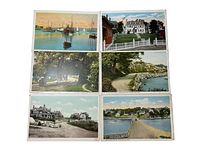Top side view of six antique colored postcards featuring Gloucester, MA landmarks