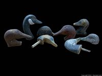 Photo showing all 8 vintage duck and goose decoy heads arranged on a black background for clear visibility.