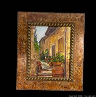Front view of framed Tuscan alleyway oil painting by Anna Gail with rustic textured frame.