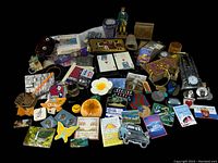 Overview of tray with various magnets, pins, cards, puzzle pieces, and small objects showing a broad assortment of souvenir and decorative items.