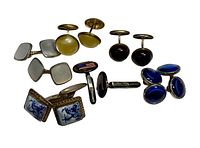 Photo showing six sets of vintage cufflinks with diverse designs and colors for condition and style reference