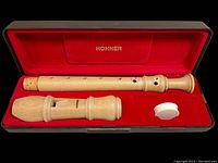 Photo showing full wooden soprano recorder in closed Hohner red-lined protective case with mouthpiece cover and small white container.