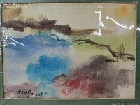 Front view of watercolor abstract landscape artwork with signature, showing overall condition and colors.