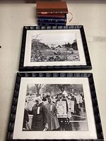 Two framed black and white photographs; one showing the Poor People's March on Washington with demonstrators holding signs, the other showing sheep grazing in front of the White House with trees and bushes around.