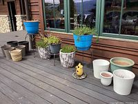 Image showing multiple plant pots including blue plastic pots on stands, floral ceramic pots, black plastic pots, and woven baskets arranged on a wooden deck outside a house.