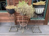 Full view of three metal plant stands with planters and dried plants on a deck in front of a wooden wall