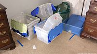 12 assorted plastic storage bins with lids of different sizes and colors including clear with blue lids, green, and solid blue.
