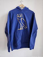Blue pullover hoodie with large gold owl embroidery on the front, showing the entire garment.