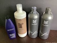 Four hair care products displayed: two large gray Sorbie leave-in conditioner bottles, one medium white bottle Schwarzkopf Blonde developer, and one small blue Redken Blondage shampoo bottle.