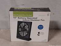 Front view of O2COOL 10-inch battery operated indoor/outdoor fan box showing product image and key features.