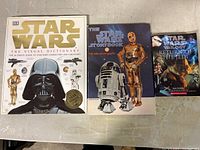 Front covers of three Star Wars books: The Visual Dictionary, The Star Wars Storybook with R2-D2 and C-3PO on cover, Return of the Jedi book with character images and text.