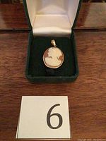Front view of the 14K gold cameo pendant in a green velvet jewelry box with white interior.