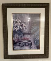 Framed print of a still life with flowers and fruit on a decorative table