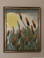 Frontal image of the framed cattail painting on silk showing the entire artwork and frame.