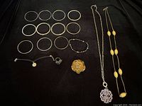 Full lot showing all bracelets, necklaces, pin, and ring spread on black surface