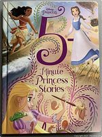 Front cover of Disney Princess 5-Minute Princess Stories hardcover book, showing Rapunzel, Belle, and Moana characters.