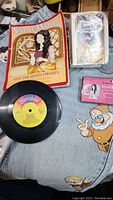 Overview of lot with book, cassette tape, Disneyland 45 record, toys, and blue jeans visible