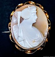 Close-up front view of the antique carved cameo brooch showing the detailed female figure and gold filled frame.