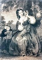 Close-up photo of the detailed miniature engraving showing a young woman with a squirrel perched on her shoulder in an outdoor woodland scene.