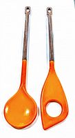 Pair of mid century salad servers with orange resin handles and metal utensil ends, one spoon-shaped, one triangular with a hole
