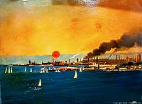 Full frontal view of the oil painting showing industrial skyline, water, sailboats and sky
