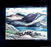 Front view of canvas print showing full artwork with mountains, lake and buildings
