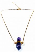 Single photo of a vintage genuine amethyst stone pendant necklace with gold-tone chain laid flat against a white background.