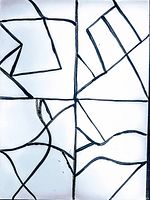 Front view of the abstract painting showing geometric and freeform black lines on white paper.
