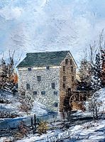 Front view of the painting showing the winter scene of the stone water mill and surrounding landscape