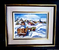 Frontal view of the painting showing the full winter village landscape with a man, horse, sled, and snow-covered houses, framed in a two-tone gold and cream frame.
