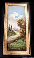 Full view of the framed vintage watercolour painting depicting a rural landscape with a house and wooded surroundings.