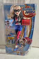 Front view of DC Super Hero Girls Harley Quinn doll in sealed packaging showing doll and accessories.