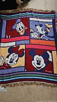 Full view of large oversized Disney throw blanket featuring four classic characters in colorful blocks with fringe edges.