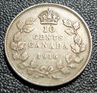 Reverse side showing the denomination, crown, wreath and date 1916.